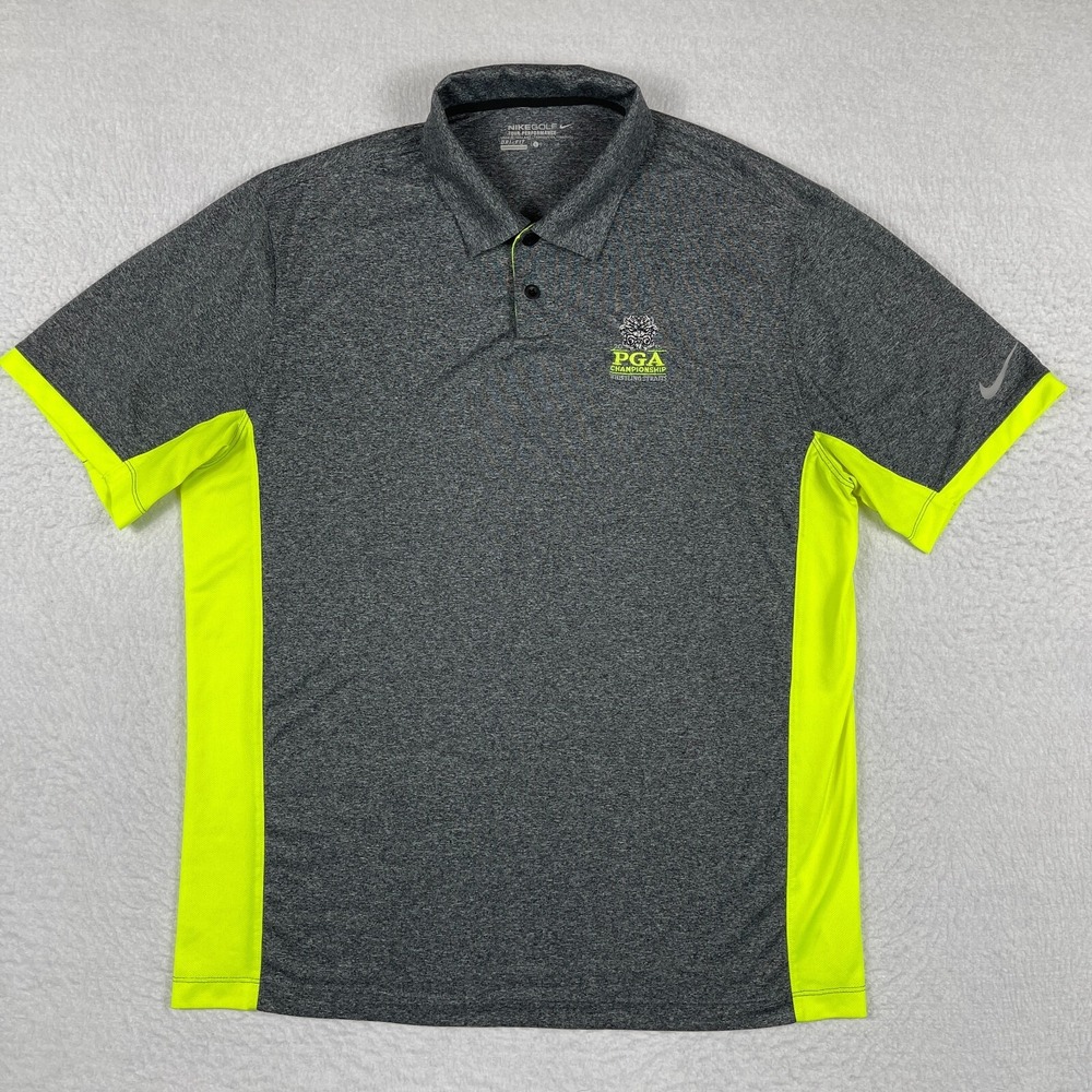 Nike Golf‎ Polo Shirt Mens Large Gray Neon Yellow 2015 PGA Whistling Straits